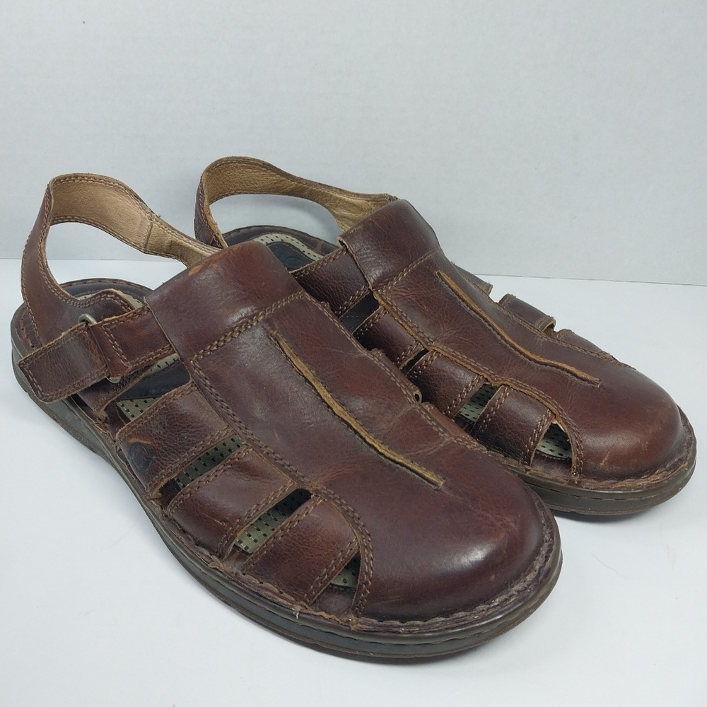 Born Fisherman Walking Sandals Size 13 M Brown Leather Round Toe Hook Loop Strap